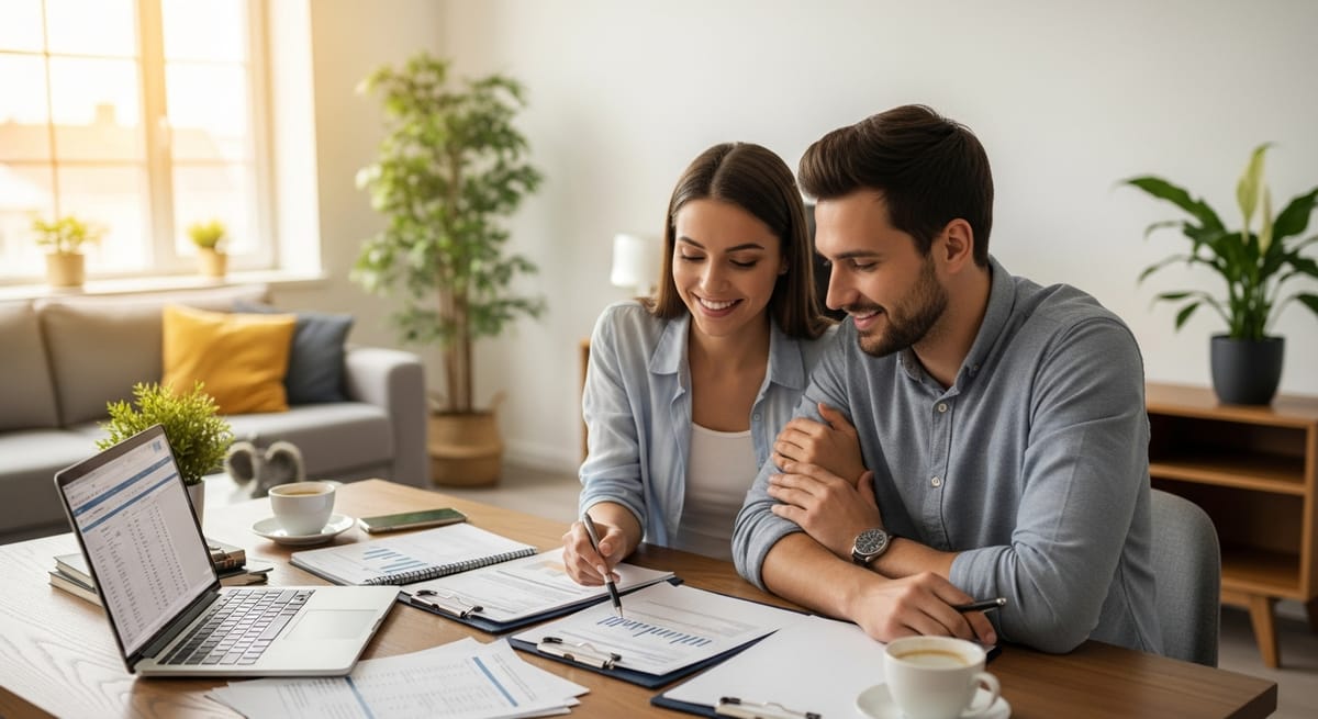 Couple reviewing joint mortgage documents together